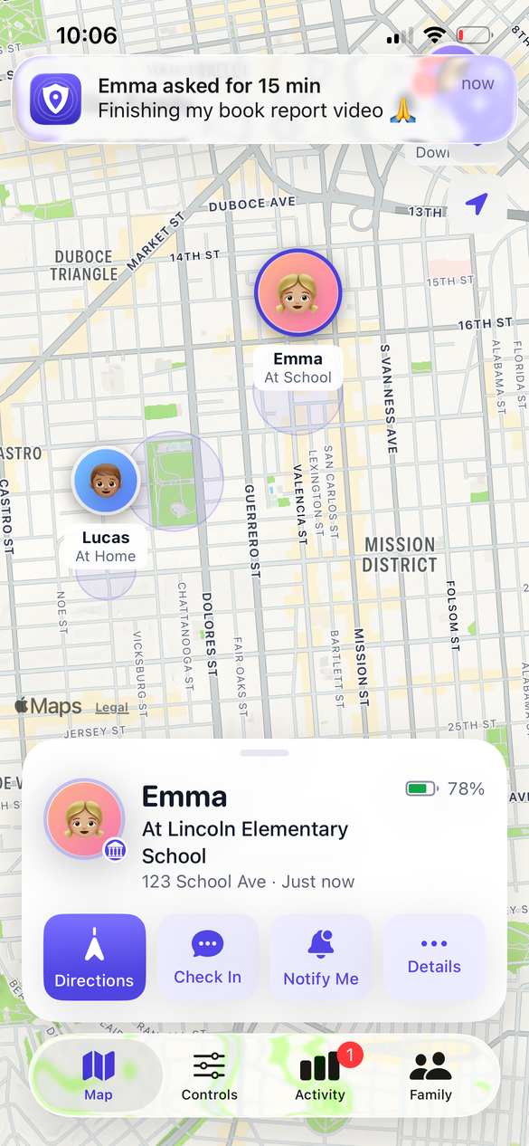 Parent family map showing Emma at school and Lucas at home