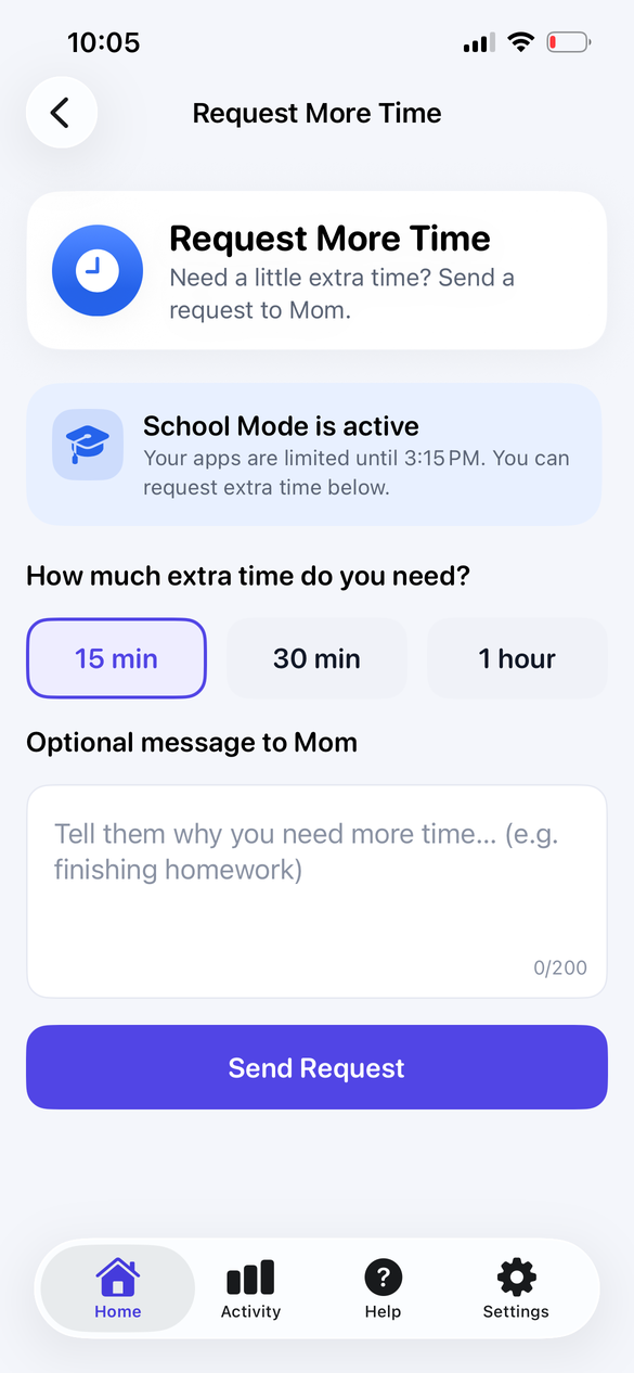 Child requesting additional screen time with a message
