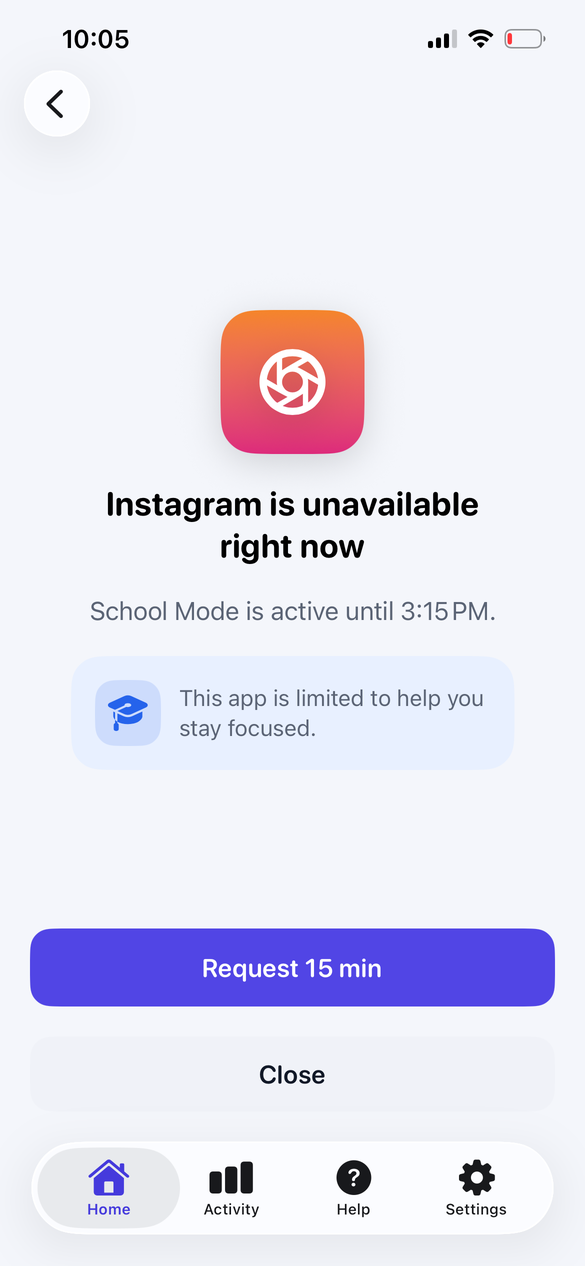 School Mode shield explaining an app restriction